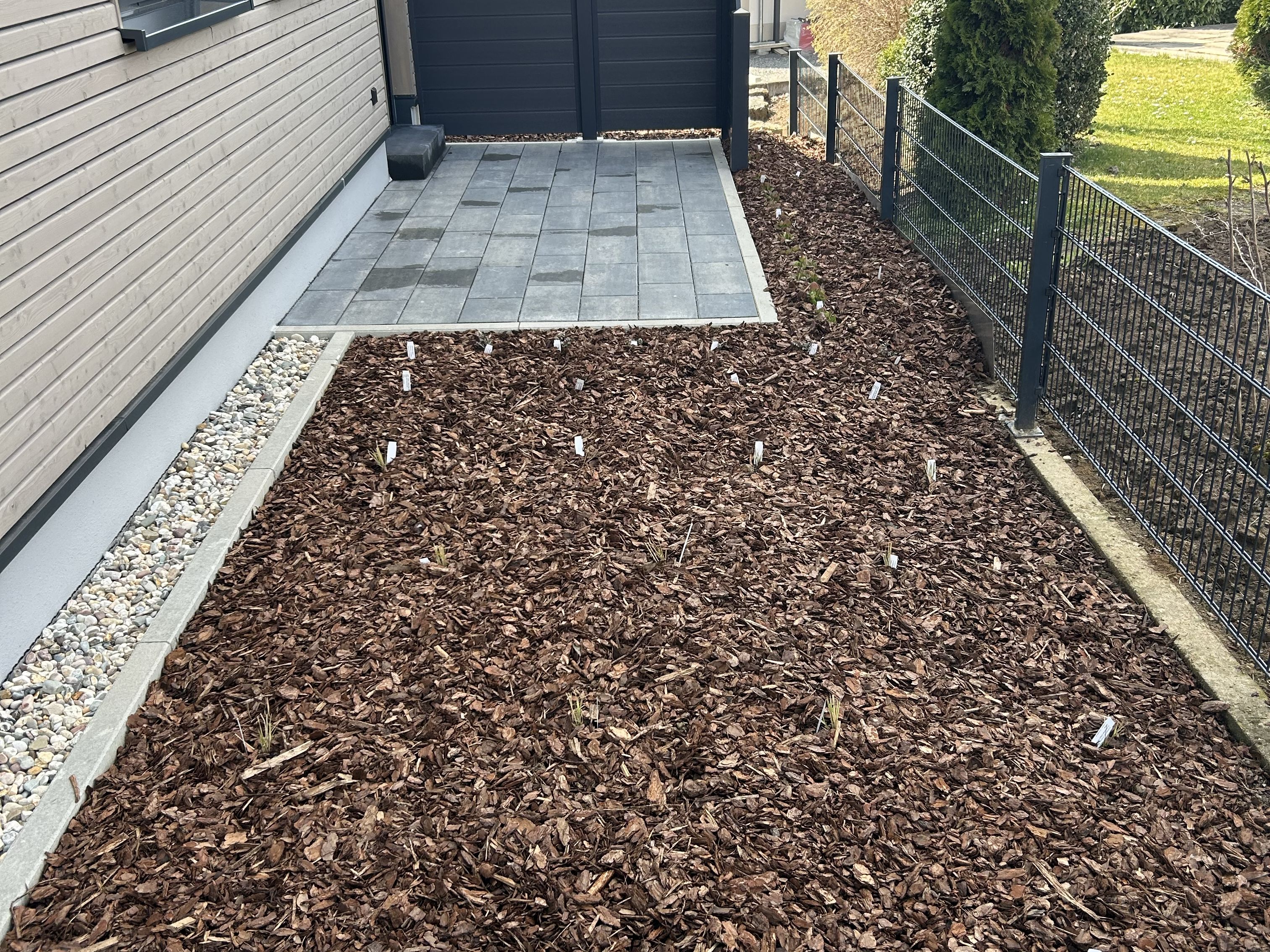 Beet mit Rindenmulch und WPC-Sichtschutzzaun