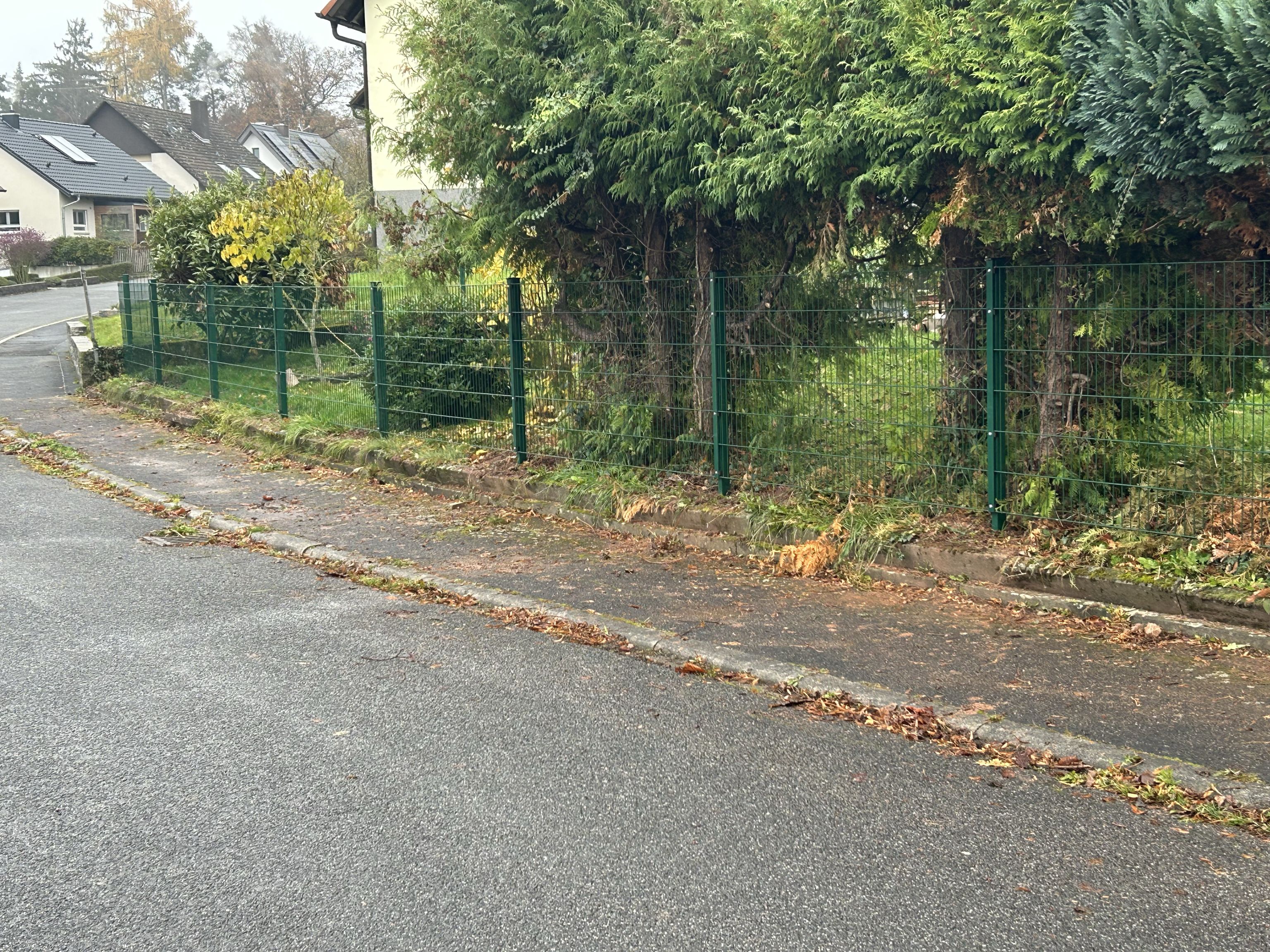 Grüner Zaun als Einfriedung eines Gartengrundstücks