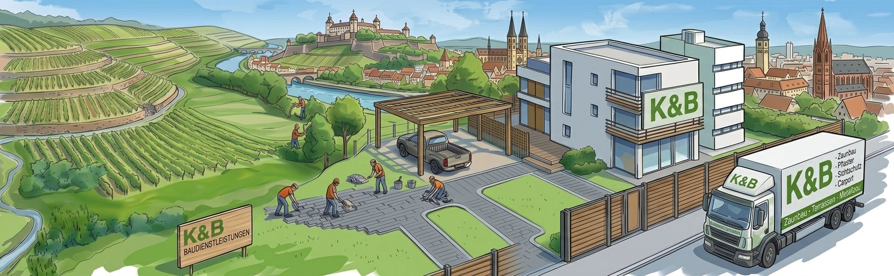 Headergrafik von K&B Dienstleistungen mit Bauarbeiten und stilisiertem Würzburg im Hintergrund
